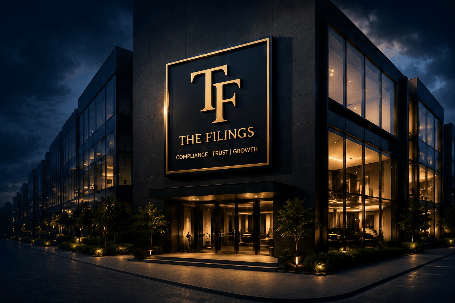 THE FILINGS office building at night